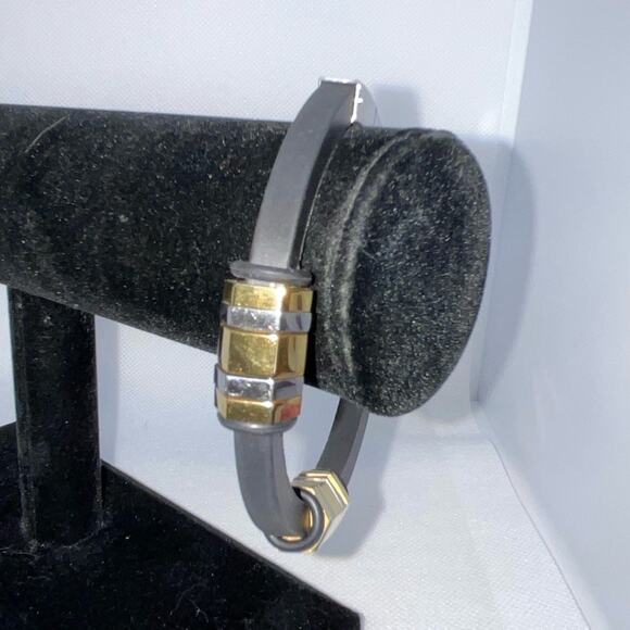 BLACK RUBBER GOLD SILVER STAINLESS STEEL BEADS CLASP BANGLE BRACELET 3” - Picture 4 of 8